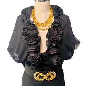 Vintage Elegant Black Chiffon Crop Bolrero Jacket with Exaggerated Ruffles